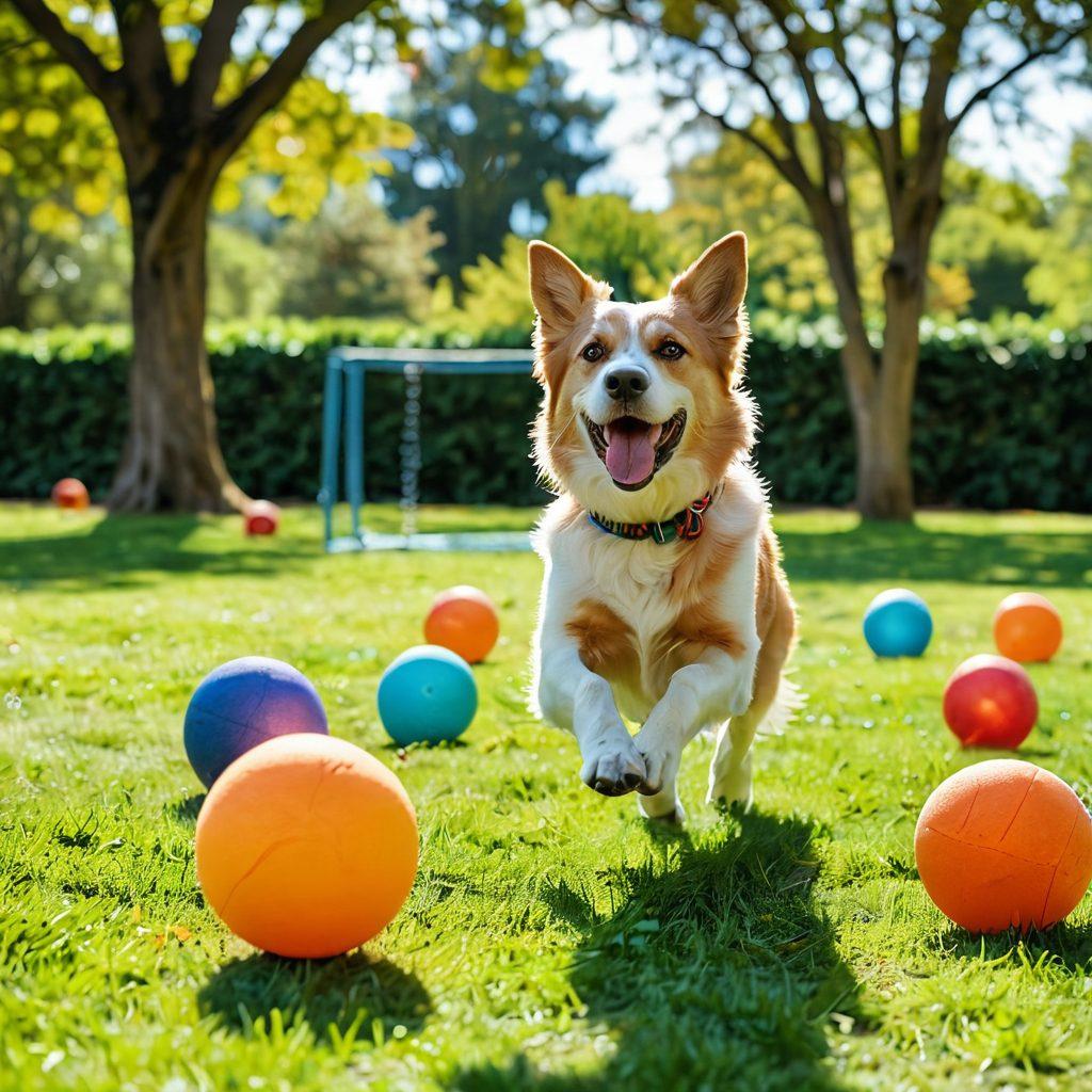 A joyful dog enthusiastically training with their dog in a sunny park, surrounded by vibrant greenery and playful elements like balls and agility equipment. A visually engaging scene that captures the bond between the owner and the dog, with an inviting atmosphere that suggests expert guidance. A hint of action and spontaneity in the dog's movements, demonstrating potential and capability. super-realistic. bright and vibrant colors. outdoors.