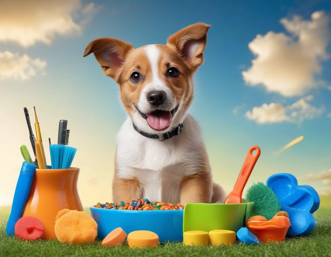 A loving dog owner feeding their playful puppy nutritious food from a colorful bowl, surrounded by grooming tools like brushes and shampoos on one side, and training accessories like a leash and dog treats on the other. Include a bright, inviting background with green grass and blue sky, symbolizing a happy, healthy environment for dogs. super-realistic. vibrant colors. 3D.