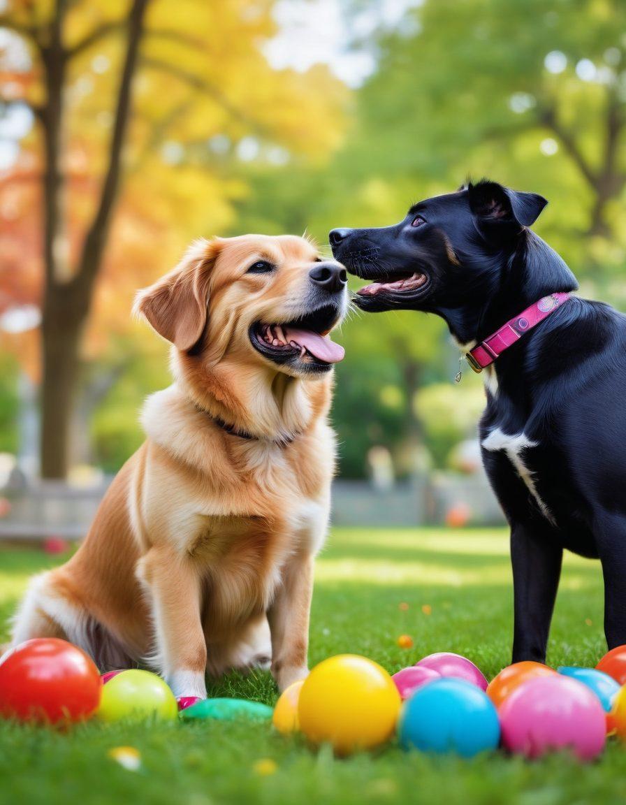 A joyful dog interacting playfully with its owner in a lush, green park, surrounded by colorful toys and treats, with expert guidance visuals like speech bubbles or icons illustrating behavioral tips. The scene captures the essence of a happy, healthy canine life, conveying a sense of warmth and companionship. vibrant colors. super-realistic.